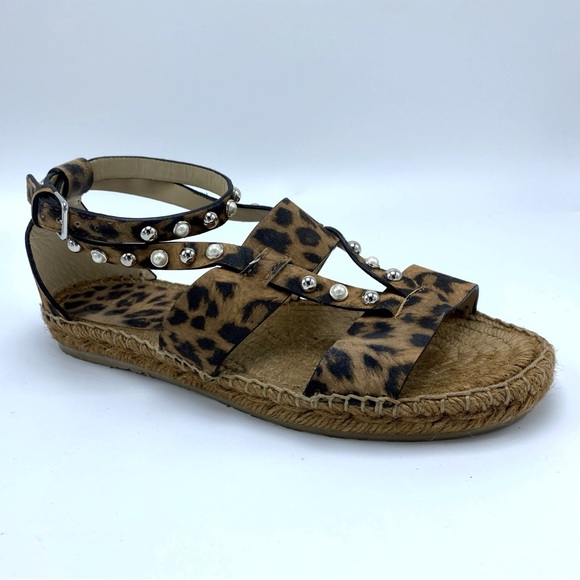 Jimmy Choo 7 Denise Pearl Embellished Leopard Print Leather Espadrille Sandals - Picture 3 of 11